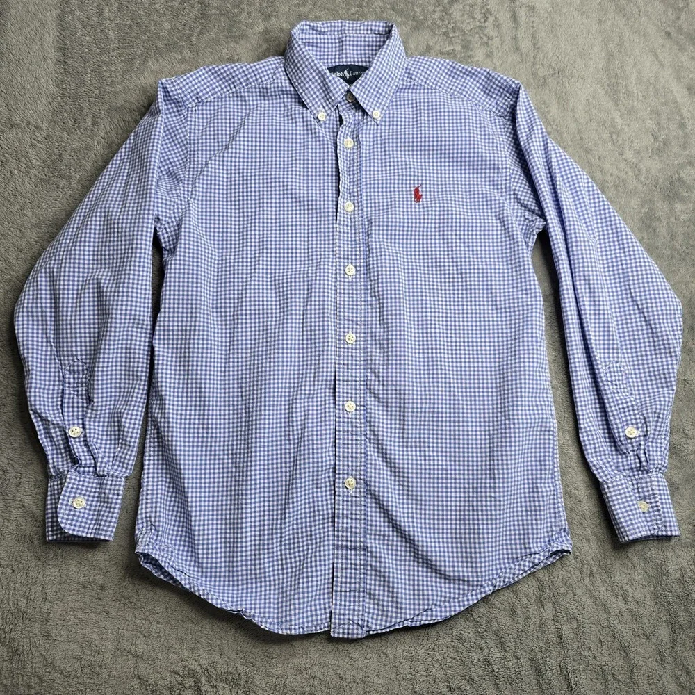 Ralph Lauren Blue Gingham Plaid Long Sleeve Button Down Boys M (10-12) Red Pony